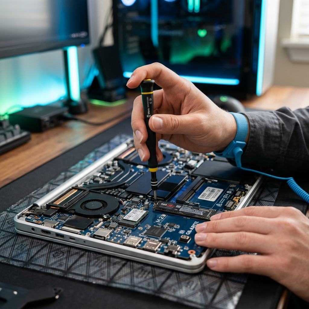 Technicien réparant avec précision la carte mère d'un ordinateur portable