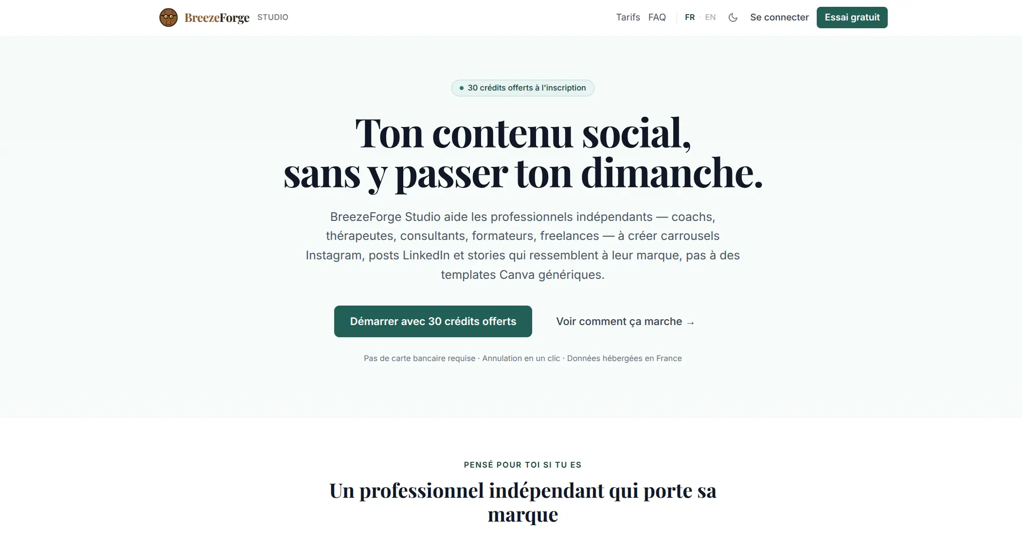 Capture d'écran de BreezeForge Studio - SaaS IA pour créer du contenu Instagram et LinkedIn